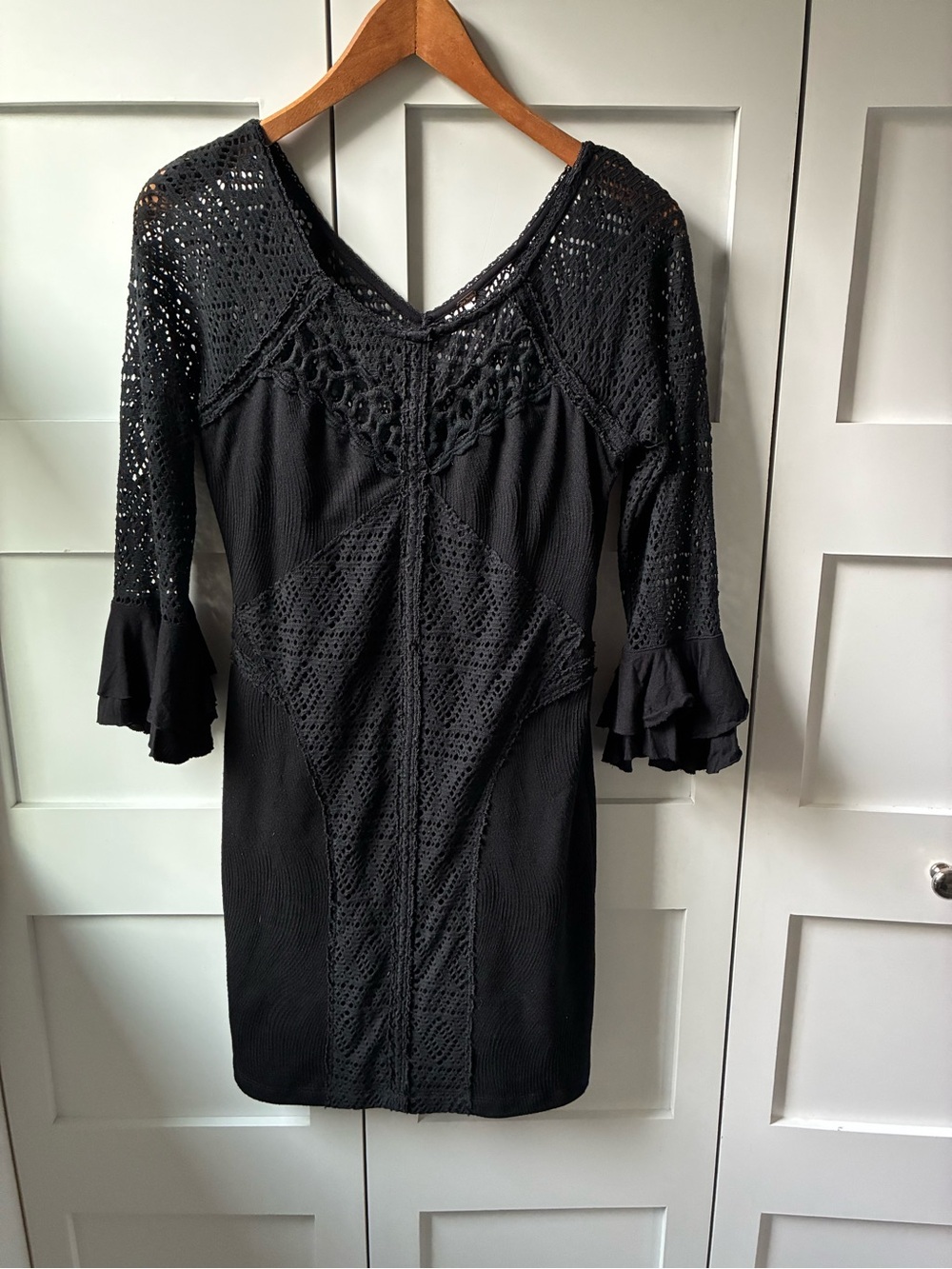 Free People Black Crochet V‑Neck Long Sleeve  Bodycon Dress